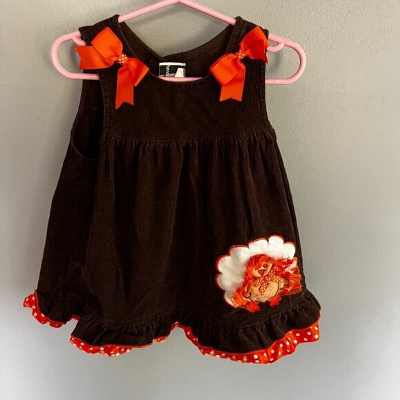 Thanksgiving Turkey Dress Baby Girl Dress ?Vintage Size 2T Bows Brown & Orange - Picture 2 of 8